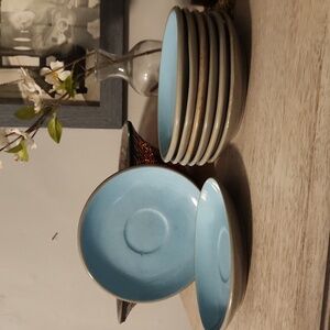 HARKERWARE BLUE MIST STONE CHINA 5 7/8 Teacup Saucers 8 BLUE SPECKLE / GRAY